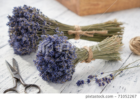 Dry lavender flower bouquets, scissors and wooden box on white table. Dry lavender flower bouquets, scissors and wooden box on white table. 71052267
