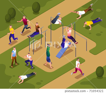 People doing street workout on the sports ground in the park.  People on the parallel bars and horizontal bar. Healthy and active lifestyle. Illustration isometric icons on isolated background 71054321