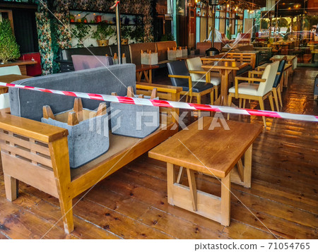 Thessaloniki, Greece lockdown with empty tables as Coronavirus measures affect business & life. Thessaloniki, Greece lockdown with empty tables as Coronavirus measures affect business & life. 71054765