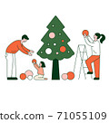 Young beautiful family decorate Christmas tree with lights, stars, toys. Gifts under christmas tree. 71055109