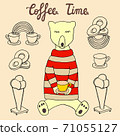 A Bear in a pullover with a cup of coffee, ice cream and donuts. Coffee time hand drawn sketch. Vector. 71055127