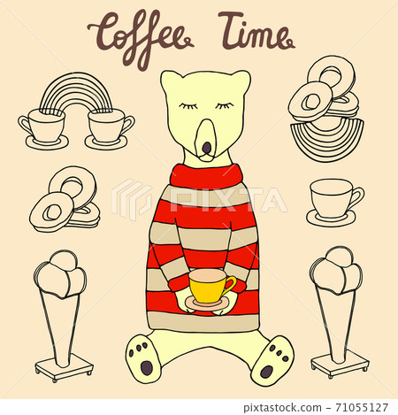 A Bear in a pullover with a cup of coffee, ice cream and donuts. Coffee time hand drawn sketch. Vector. 71055127
