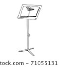 Menu display. Open menu book on standing board for restaurant, cafe, bar. Outside interior promo element. Hand drawn sketch 71055131