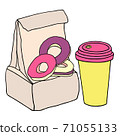 Lunch bag with sweet donuts and cup of coffee. Hand drawn sketch illustration. 71055133