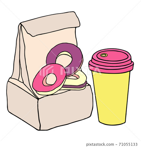 Lunch bag with sweet donuts and cup of coffee. Hand drawn sketch illustration. 71055133