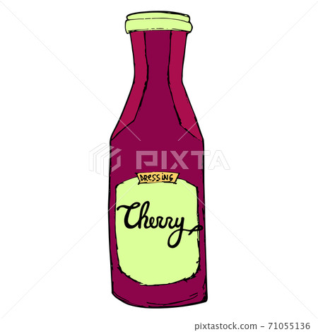 Cherry jam bottle with splashes. Sweet cherry syrup jar. Hand drawn vector illustration. 71055136