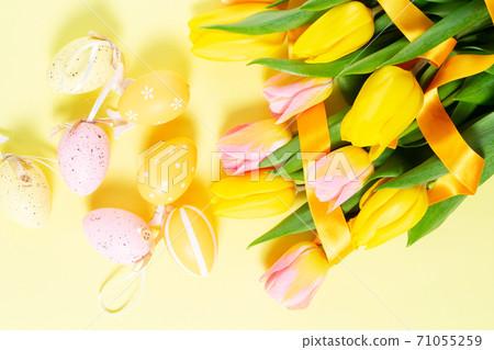 Easter scene with colored eggs 71055259