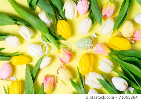 Easter scene with colored eggs 71055264