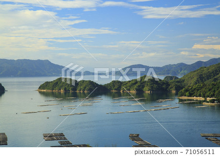 瀨戶內的田島美景和牡蠣排成一排的蔚藍的大海和藍天 71056511