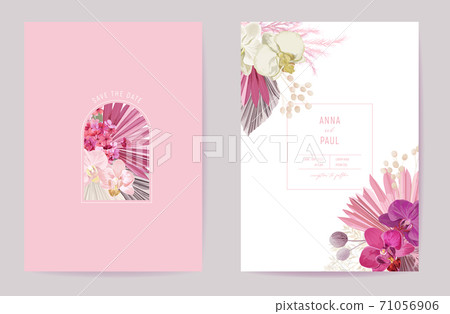 Wedding tropical floral vector card, dry tropic flowers, dried palm leaves invitation. Watercolor orchid template 71056906