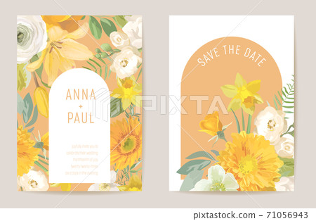 Wedding spring floral invitation, flowers card. Watercolor minimal template vector. Botanical Save the Date 71056943