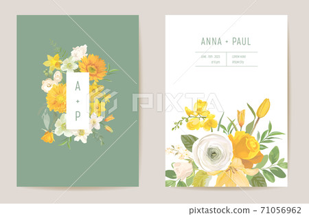 Wedding spring flowers invitation card, floral yellow vector frame. Watercolor template botanical Save the Date 71056962