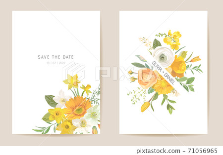 Wedding invitation spring flowers, leaves. Floral card, tropic watercolor template vector. Botanical Save the Date Wedding invitation spring flowers, leaves. Floral card, tropic watercolor template vector. Botanical Save the Date 71056965