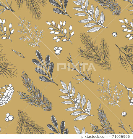 Xmas Seamless pattern with Christmas Tree Decorations, Pine Branches hand drawn art design vector illustration. Xmas Seamless pattern with Christmas Tree Decorations, Pine Branches hand drawn art design vector illustration. 71056966