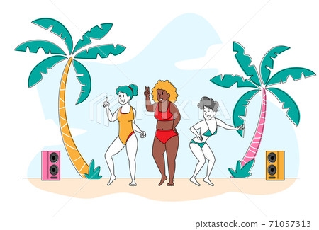 Beach Party, Body Positive Concept. Group of Young Happy Slim and Overweight Multiracial Girls Characters Dance or Relax 71057313