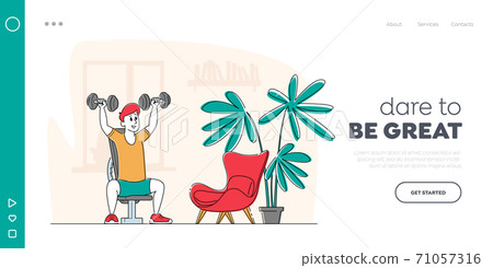 Exercise, Sport Activity Landing Page Template. Sportsman Powerlifter Training at Home with Dumbbells Sitting on Bench Exercise, Sport Activity Landing Page Template. Sportsman Powerlifter Training at Home with Dumbbells Sitting on Bench 71057316