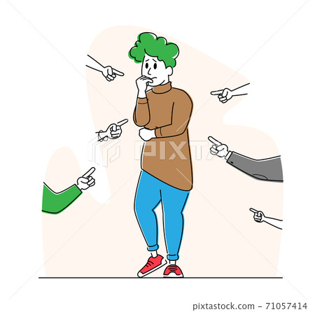 Female Character Bullying, Aggression or Conflict, Stress. Woman Trying to Protect from Aggressive People Pointing Female Character Bullying, Aggression or Conflict, Stress. Woman Trying to Protect from Aggressive People Pointing 71057414