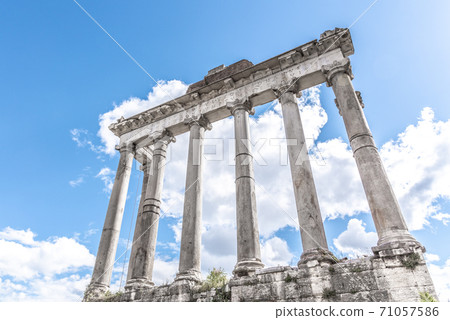 Temple of Saturn - ruins with old historical columns. Roman Forum archeological site, Rome, Italy 71057586