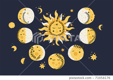 Set sun, moon and star vector in vintage style. Set sun, moon and star vector in vintage style. 71058176