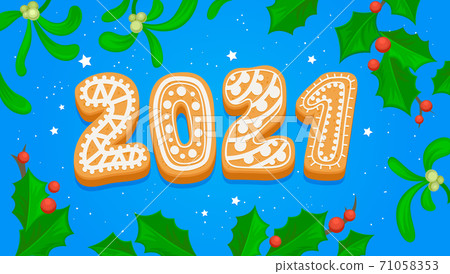 2021 Happy New Year Greeting Card with Gingerbread Cookie Typography on Blue background with Holly Berries and Leaves 71058353