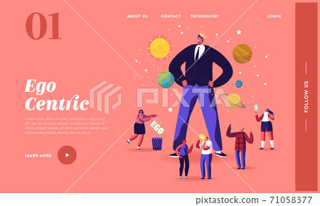 Ego, Narcissistic Self Love Behavior Landing Page Template. Tiny Characters around Huge Egocentric Macho Man Wear Crown 71058377