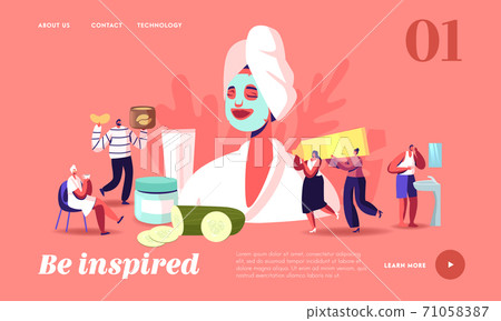 Spa, Beauty and Cosmetology Landing Page Template. Tiny Characters around Huge Woman with Facial Mask, Skin Care Spa, Beauty and Cosmetology Landing Page Template. Tiny Characters around Huge Woman with Facial Mask, Skin Care 71058387