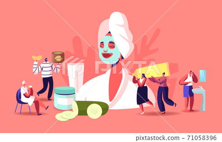 Tiny Characters around of Huge Woman with Facial Mask, Cucumber Slices and Cream Jars. Face Skin Care and Treatment 71058396