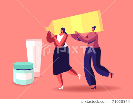 Tiny Girls Carry Huge Cosmetics Tube. Women Spend Time in Beautician Parlor, Testing Skin Care Products in Beauty Salon Tiny Girls Carry Huge Cosmetics Tube. Women Spend Time in Beautician Parlor, Testing Skin Care Products in Beauty Salon 71058544