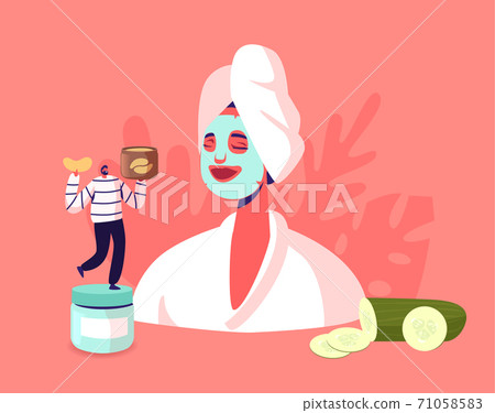 Natural Beauty, Cosmetology Concept. Tiny Man with Eye Pads near Huge Female Character in Facial Mask on Face, Skin Care 71058583
