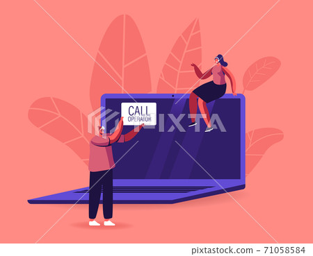 Call Operator Client Hotline Communication, Consultation. Technical Support Specialist Sit at Computer in Call Center 71058584