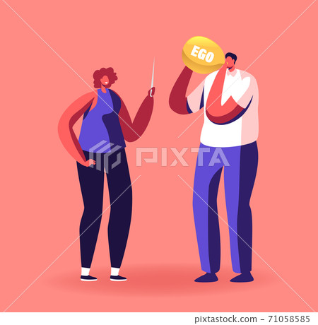 Man Blowing Balloon with Ego Inscription, Woman Holding Sharp Needle Prepare to Pin. Characters Get Rid of Egoism Man Blowing Balloon with Ego Inscription, Woman Holding Sharp Needle Prepare to Pin. Characters Get Rid of Egoism 71058585
