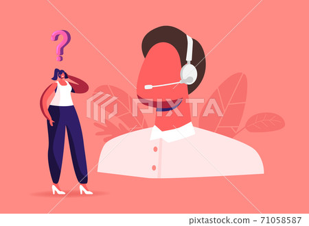 Female Character with Mobile and Question above Head Call to Customer Support Center. Operator in Headset Hotline Help Female Character with Mobile and Question above Head Call to Customer Support Center. Operator in Headset Hotline Help 71058587