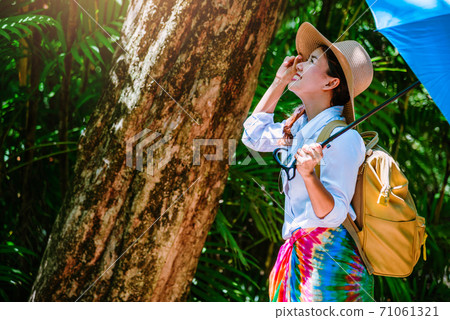 Young girl with backpack enjoying travel nature in the forest Lush green trees. Happy smiling woman With nature travel Young girl with backpack enjoying travel nature in the forest Lush green trees. Happy smiling woman With nature travel 71061321