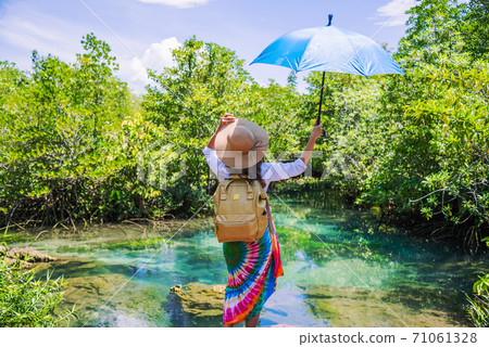 A young traveler girl relax in the holiday enjoying the beauty of nature lake mangrove forest at tha pom-klong-song-nam at krabi. summer 71061328