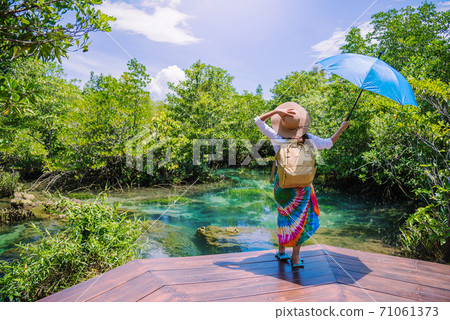 A young traveler girl relax in the holiday enjoying the beauty of nature lake mangrove forest at tha pom-klong-song-nam at krabi. summer 71061373