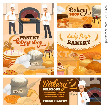 Pastry shop and bakery cartoon vector posters set 71063269
