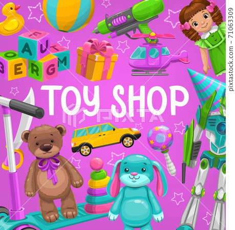 Toy shop cartoon vector poster, baby playthings Toy shop cartoon vector poster, baby playthings 71063309