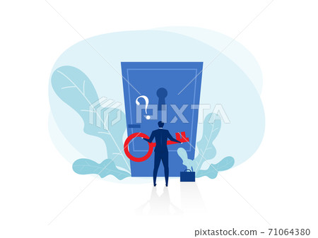 businessman holding key with Big question mark to unlock door resolution Opening mind concept concept Vector illustration flat design. Isolated on white background businessman holding key with Big question mark to unlock door resolution Opening mind concept concept Vector illustration flat design. Isolated on white background 71064380