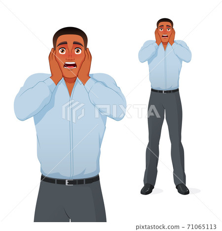 Terrified black businessman holding his head in panic. Cartoon vector character. 71065113