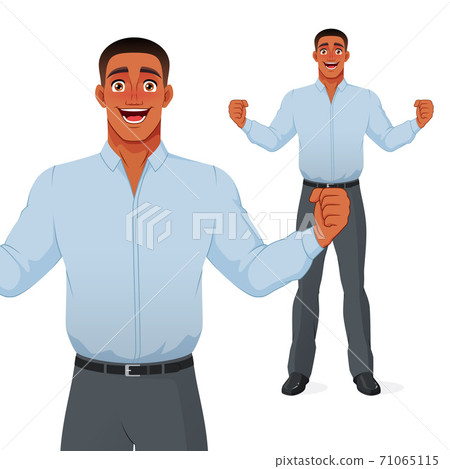 Excited black businessman celebrating success with raised hands and wide smile. Isolated vector cartoon character. Excited black businessman celebrating success with raised hands and wide smile. Isolated vector cartoon character. 71065115