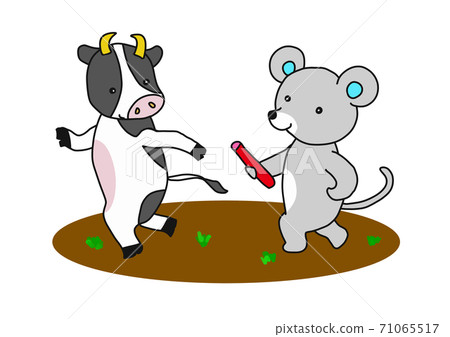 Zodiac child (rat) and ox (cow) doing baton relay 71065517