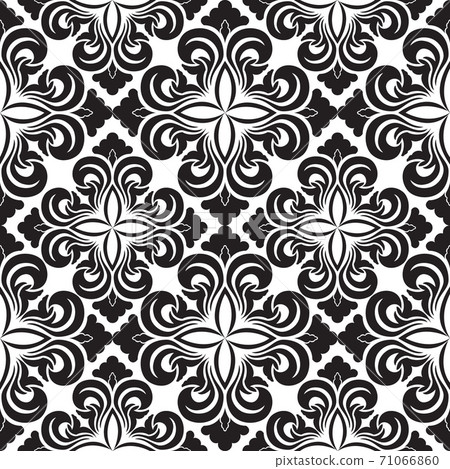 Seamless vector decorative pattern of floral elements in black in the form of a rhombus on a white background. Symmetric texture for decoration of fabrics or wrappers 71066860