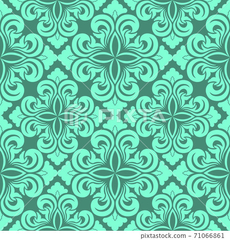 Seamless vector decorative pattern of floral elements in colors Aqua Menthe in the form of a rhombus on a turquoise background. Symmetric texture for decoration of fabrics or wrappers. 71066861