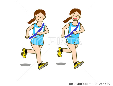 Illustration of a smiling woman and a woman with a tired face running in a uniform while wearing a sash in a relay road race 71068529