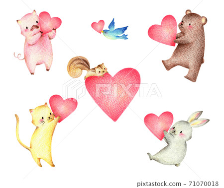 Set of animals with a heart Hand-painted colored pencil drawing 71070018