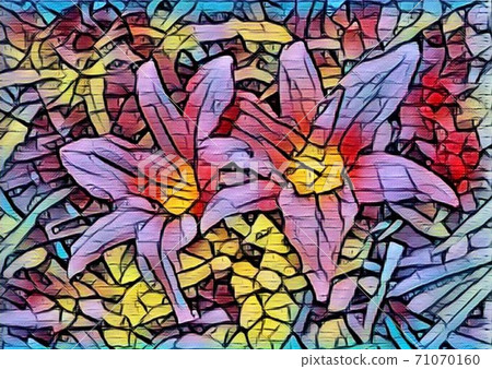 Two flowers in the inflorescence of an orange large tuberous lily in a mosaic style. Stamens, pistils and nectar on them. Delicate warm colors and tones. Summer flower garden 71070160