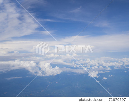 Clouds from airplane window with blue sky and high angle ground Clouds from airplane window with blue sky and high angle ground 71070597