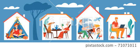 Flat style stay home vector quarantine family isolation illustration Flat style stay home vector quarantine family isolation illustration 71071011