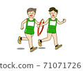 Illustration of the moment when a man with a tired face in a relay road race hands a tasuki to the next runner 71071726