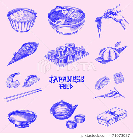 Japanese food set. Sushi bar, ramen noodles, soup in a bowl, roll and dessert, Asian tea. Soy sauce 71073027